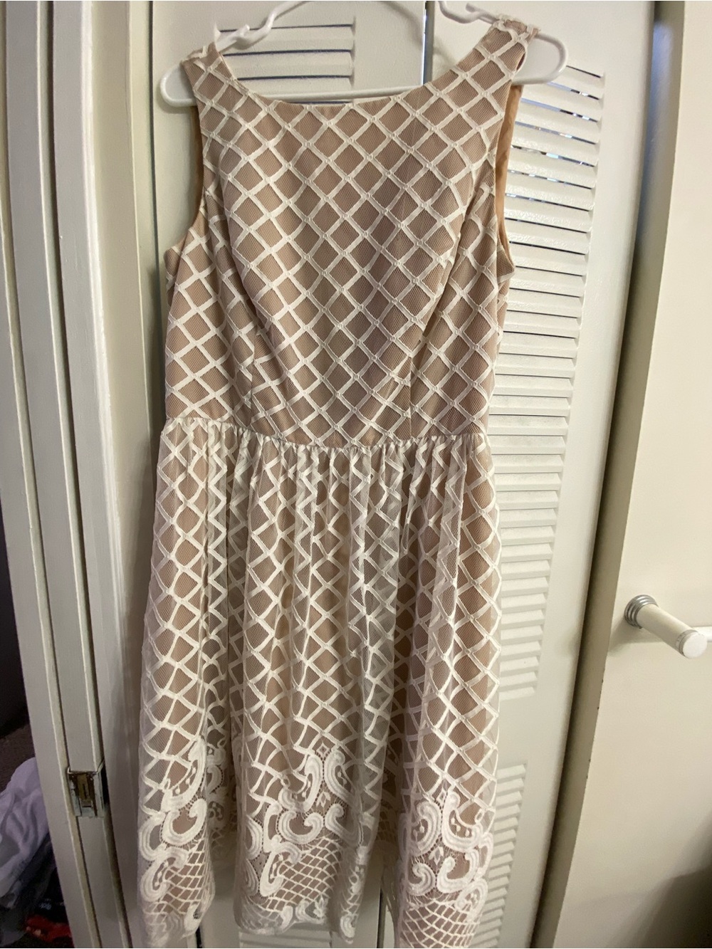 Eliza J Beige and White Lace Overlay Midi Dress